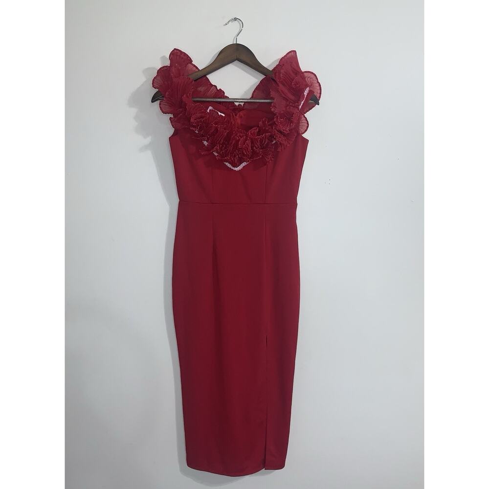 LAN Red Off Shoulder Ruffled Sleeveless Midi Slit Cocktail Evening Party Dress